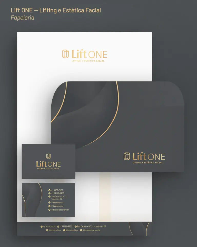 Identidade visual da rede de franquias Lift ONE, aplicada na papelaria