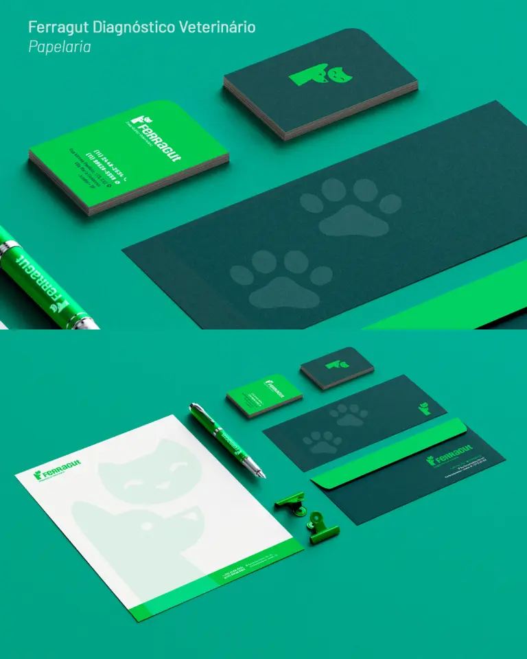 Identidade visual da Clínica Ferragut aplicada em papelaria